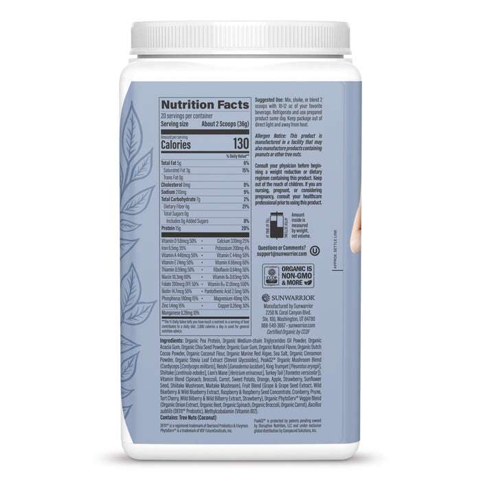Back of a Sunwarrior protein powder container showing nutritional facts, ingredients, and usage instructions.