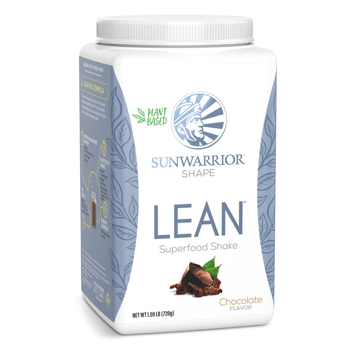 Container of Sunwarrior Shape Lean plant based chocolate superfood shake with leaves design