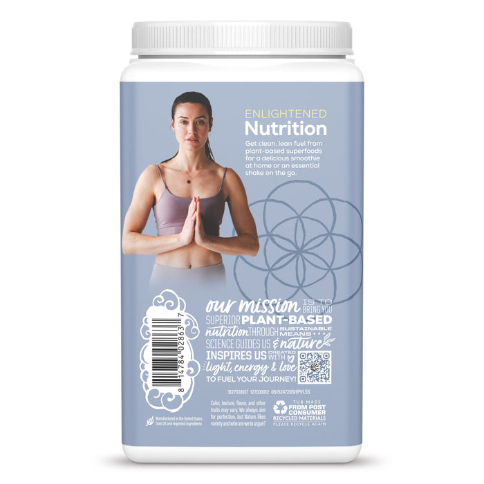 Container label showing a woman in yoga pose with text about plant-based nutrition and wellness.