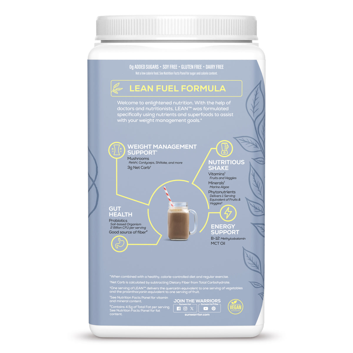 Back of container showing Lean Fuel Formula with nutrition and weight management benefits details.