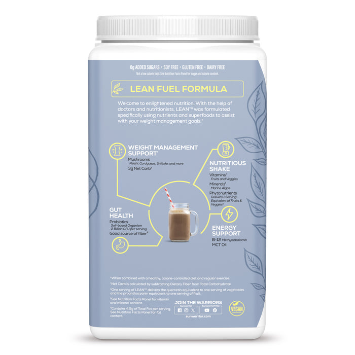 Back of container showing Lean Fuel Formula with nutrition and weight management benefits details.
