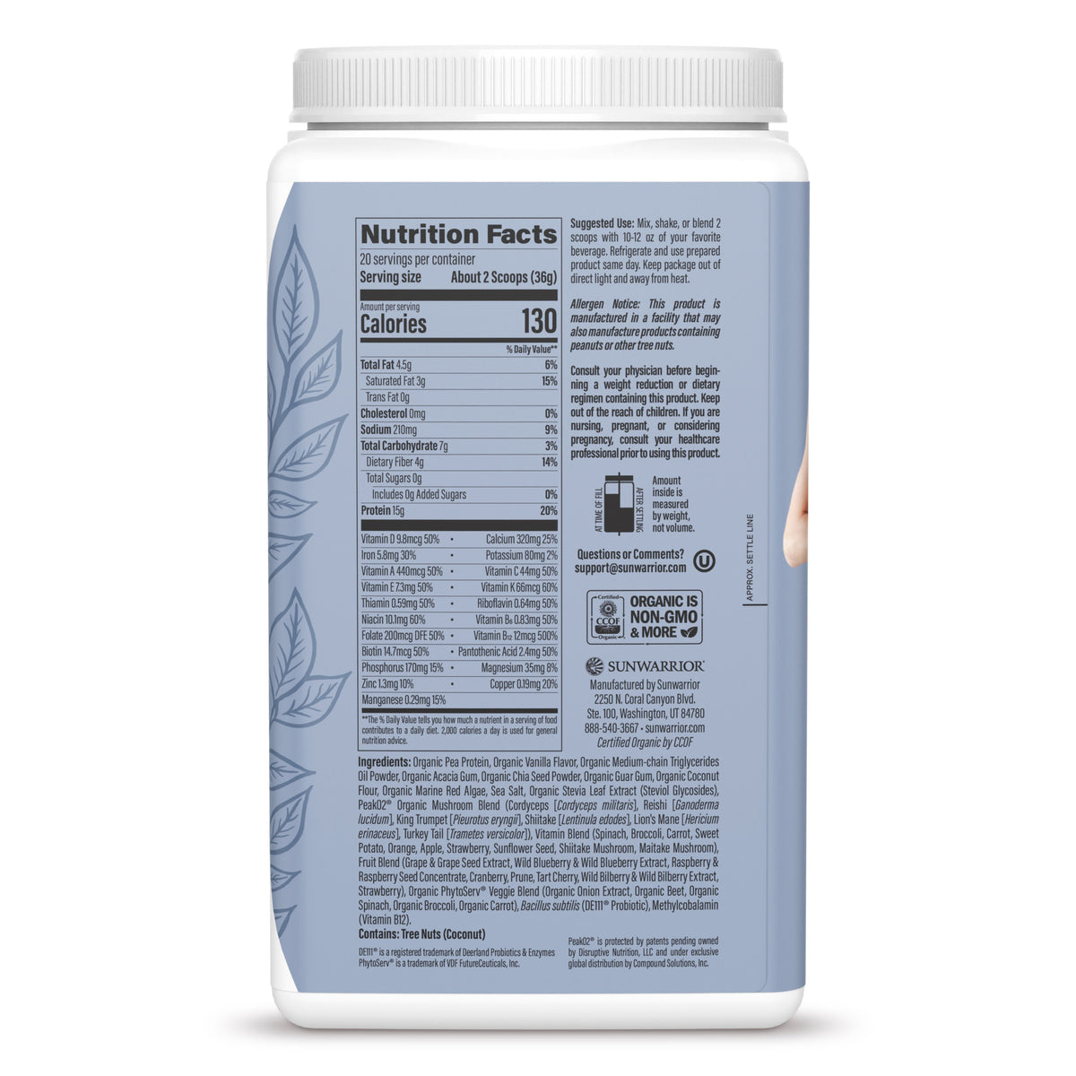 Nutrition facts and ingredients label on a blue container for plant-based protein powder