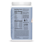 Nutrition facts and ingredients label on a blue container for plant-based protein powder