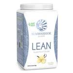 White container of Sunwarrior Shape Lean vanilla flavored plant-based superfood shake with blue leaf design