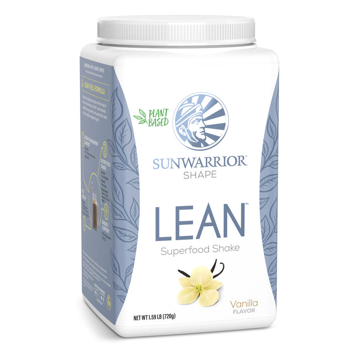 White container of Sunwarrior Shape Lean vanilla flavored plant-based superfood shake with blue leaf design