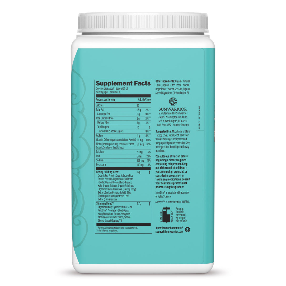 Slim collagen boost supplement facts with a blue label and white lid on a white background