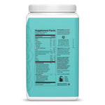 Slim collagen boost supplement facts with a blue label and white lid on a white background