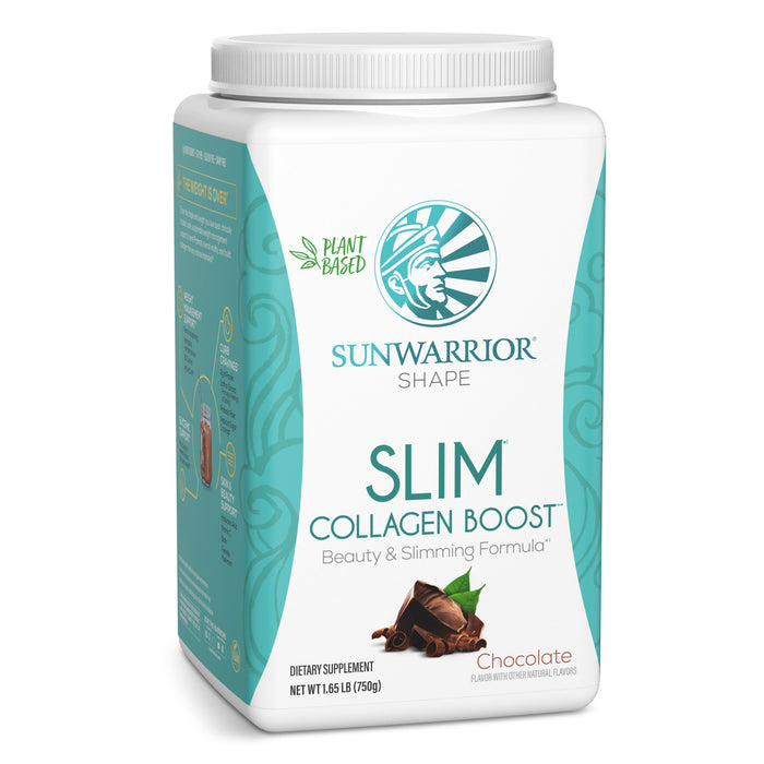 Sunwarrior Slim Collagen Boost Chocolate container on a white background