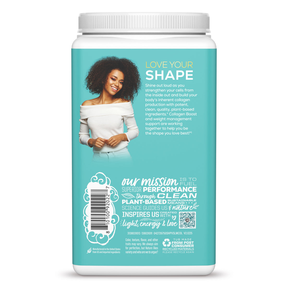 Back of Sunwarrior Slim Collagen Boost bottle with a woman's image and 'Love Your Shape' text on a teal background