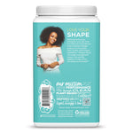 Back of Sunwarrior Slim Collagen Boost bottle with a woman's image and 'Love Your Shape' text on a teal background