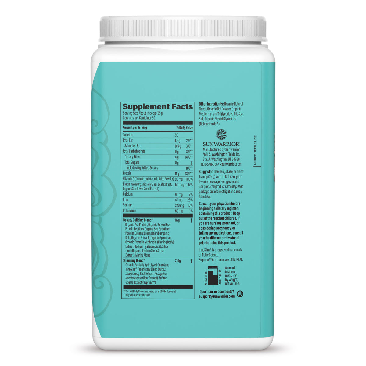Sunwarrior Slim Collagen Boost container with a blue label and white cap on a white background