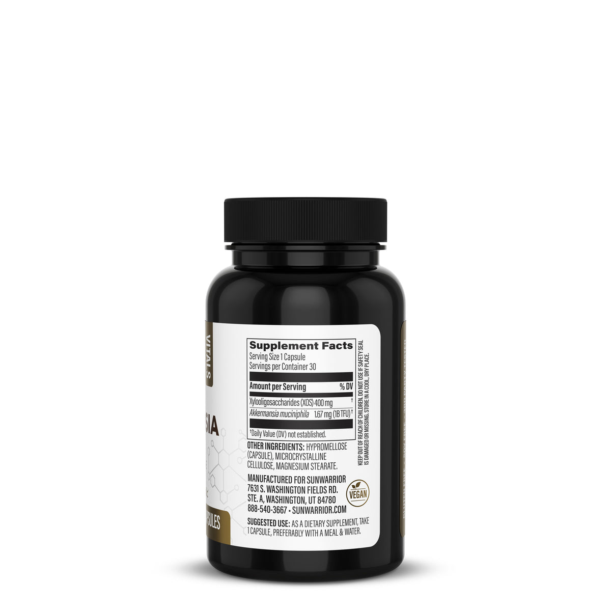 Black supplement bottle with a white label showing supplement facts and ingredient details.