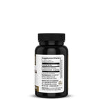 Black supplement bottle with a white label showing supplement facts and ingredient details.
