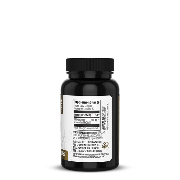 Back view of NMN bottle showing supplement facts label on white background