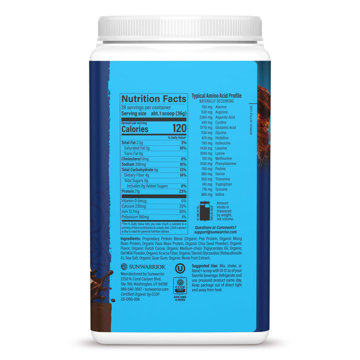 Organic Protein for Performance with BCAAs - Warrior Blend Chocolate Plant-based Protein Sunwarrior