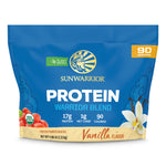 Blue vanilla-flavored plant-based protein powder pouch with 90 servings and nutrition details visible