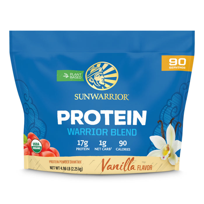Blue vanilla-flavored plant-based protein powder pouch with 90 servings and nutrition details visible
