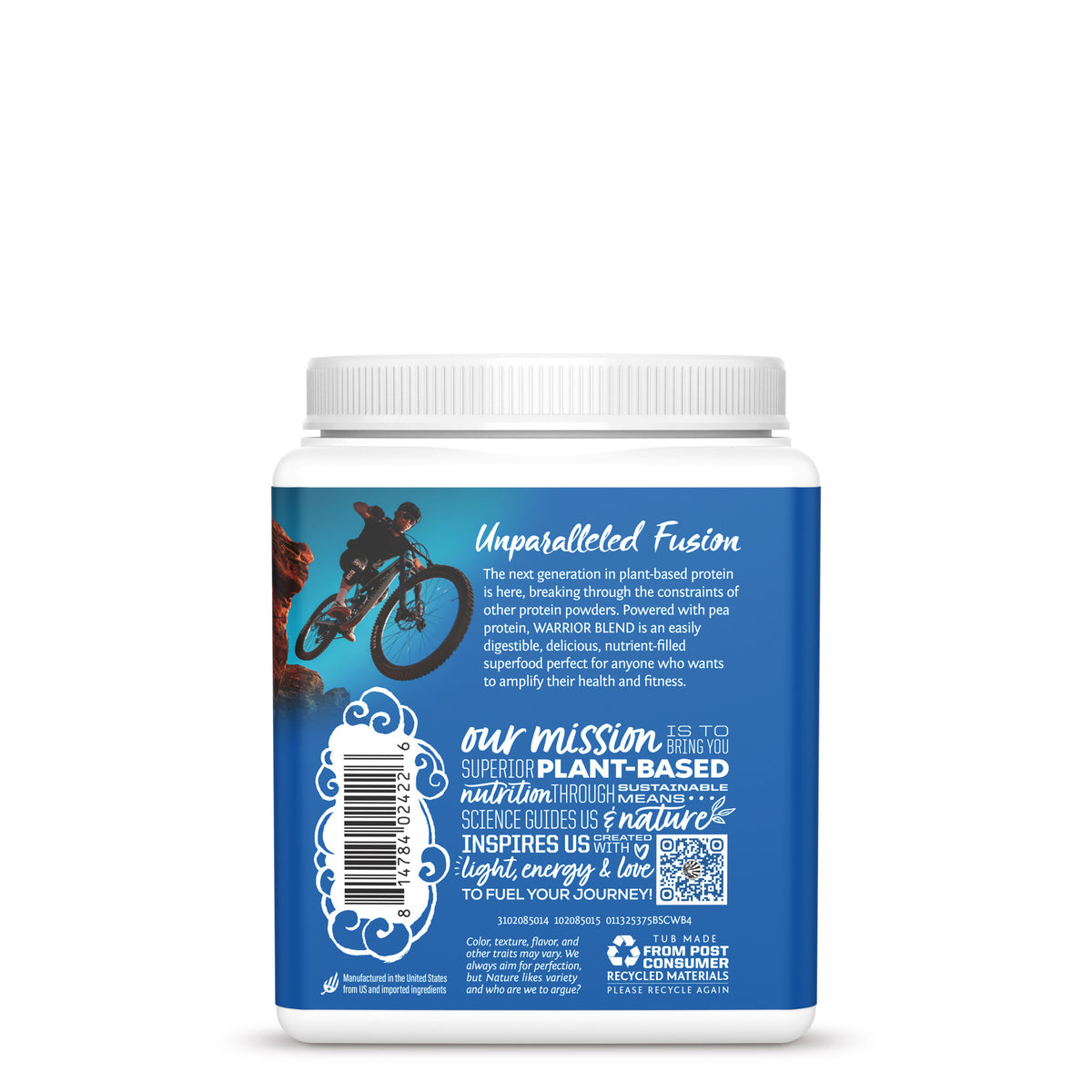 Blue container back label for plant-based protein powder with cycling athlete illustration and mission statement.