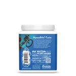 Blue container back label for plant-based protein powder with cycling athlete illustration and mission statement.