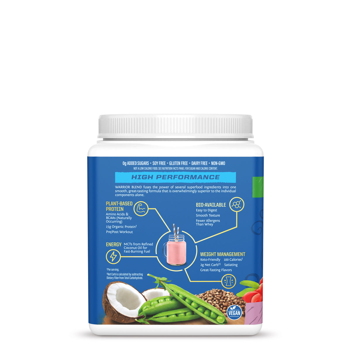 Container with blue label displaying plant-based protein powder benefits and ingredients including coconut and peas