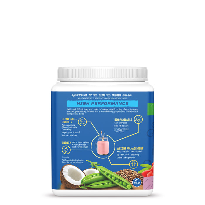Container with blue label displaying plant-based protein powder benefits and ingredients including coconut and peas