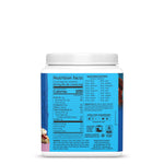 Nutrition facts panel and amino acid profile on a blue label of a plant-based protein powder container.