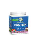 Sunwarrior plant-based protein powder container with berry shortcake flavor and nutrition details on label