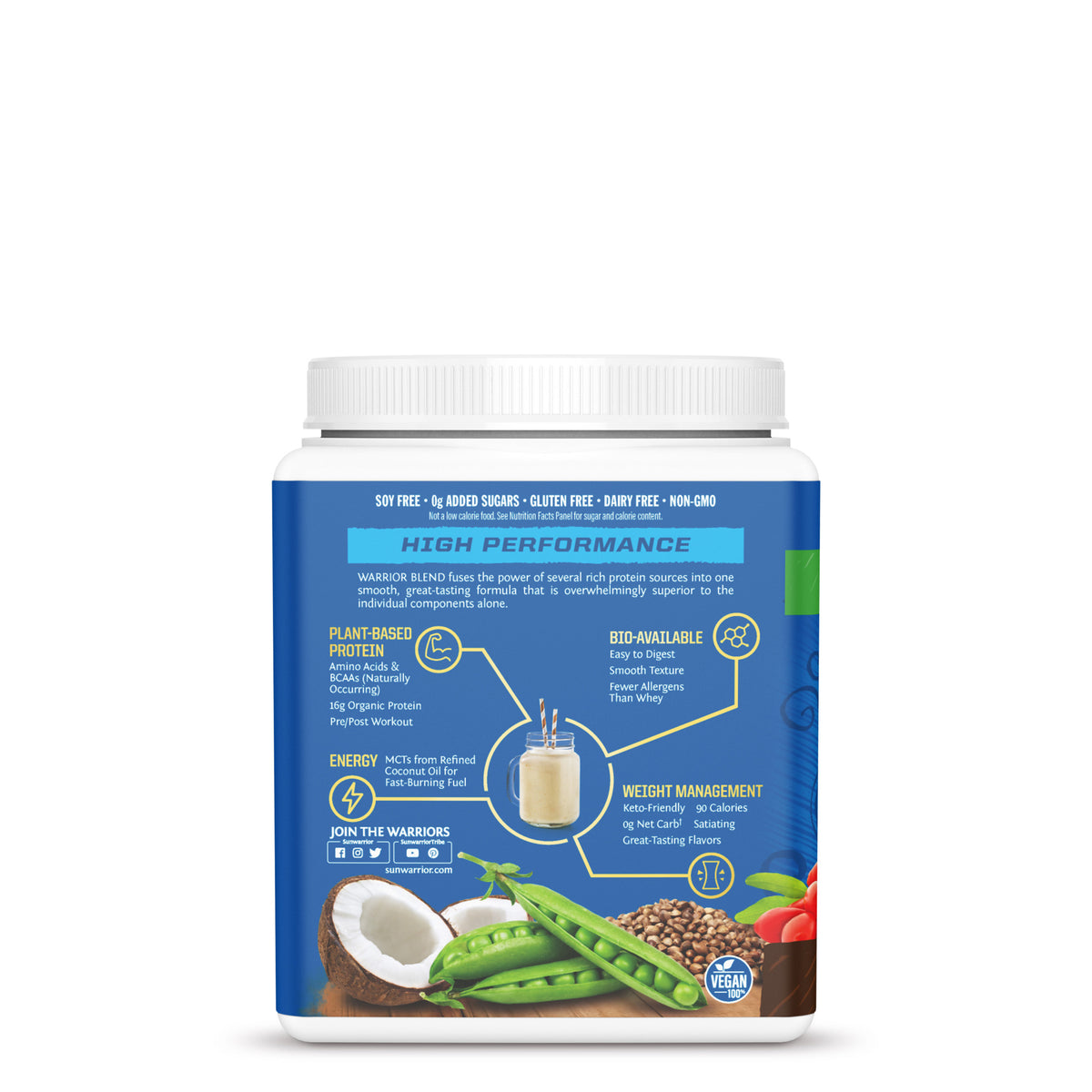 Container of high-performance plant-based protein powder with coconut, peas, and seeds on label