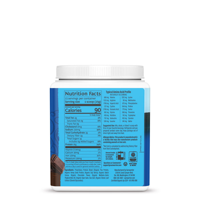 Nutrition facts and typical amino acid profile on a blue label of a plant-based protein powder container.