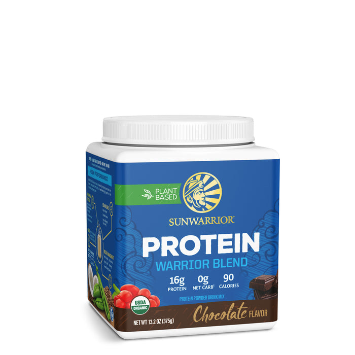 Container of Sunwarrior plant-based chocolate protein powder with nutrition and organic labels visible