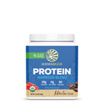 Container of plant-based mocha flavored protein powder with 16g protein and 90 calories per serving