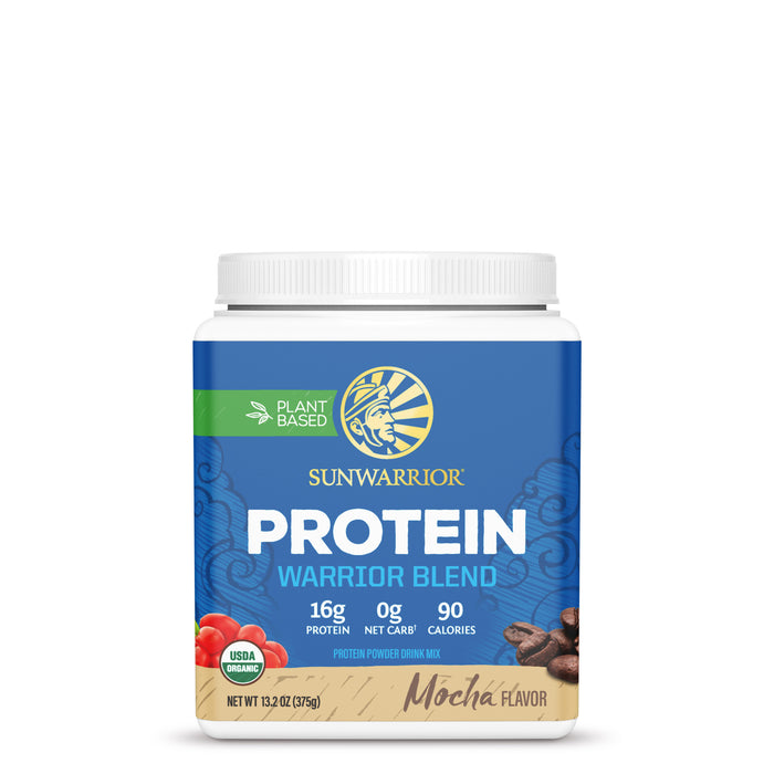 Container of plant-based mocha flavored protein powder with 16g protein and 90 calories per serving