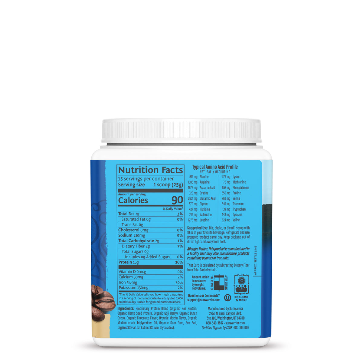 Back view of a plant-based protein powder container showing nutrition facts and amino acid profile.