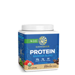 Sunwarrior plant-based protein powder container with mocha flavor and nutrition details visible