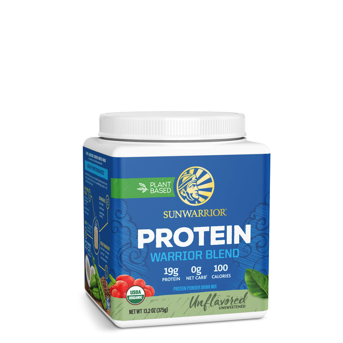 Sunwarrior plant based unflavored protein powder container with nutrition highlights shown.