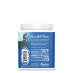 Back of blue container with white lid showing text, a cyclist silhouette, and recycling symbols for vegan protein powder.