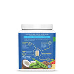 Container of plant-based protein powder with nutrition highlights and ingredients on blue label background