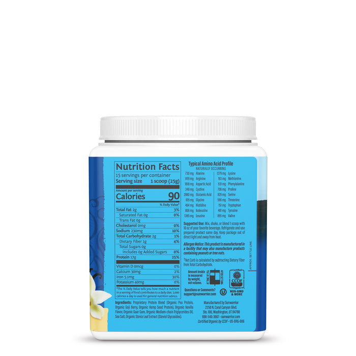 Back view of a vegan protein powder container showing nutrition facts and amino acid profile labels.