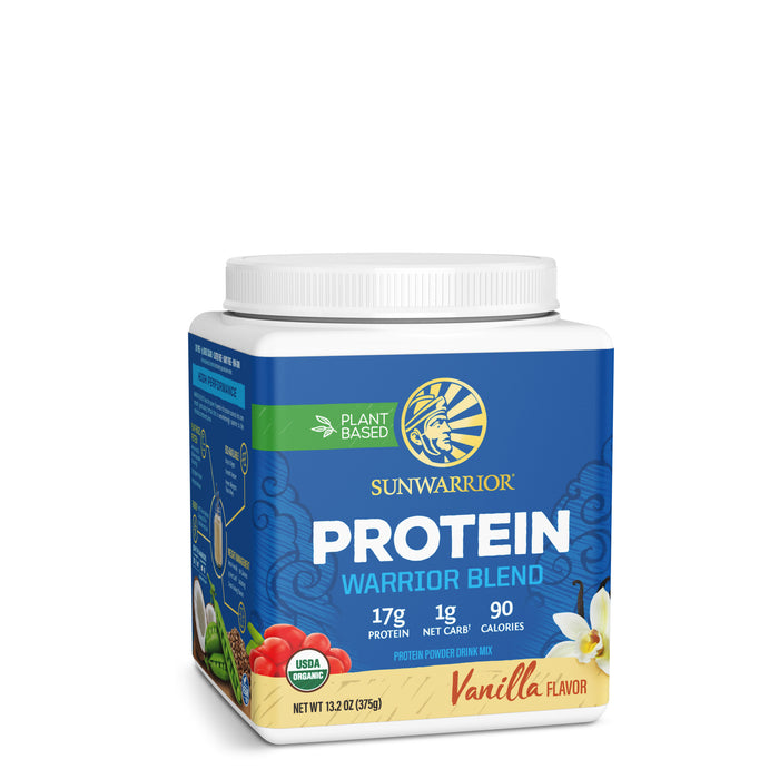 Square container of vanilla flavored plant-based protein powder with nutrition facts on blue label
