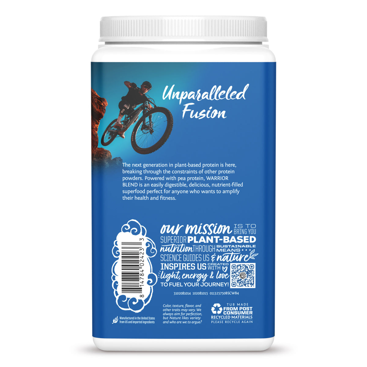 Back label of a plant-based protein powder with text, a cyclist image, and recycling information on a blue background.