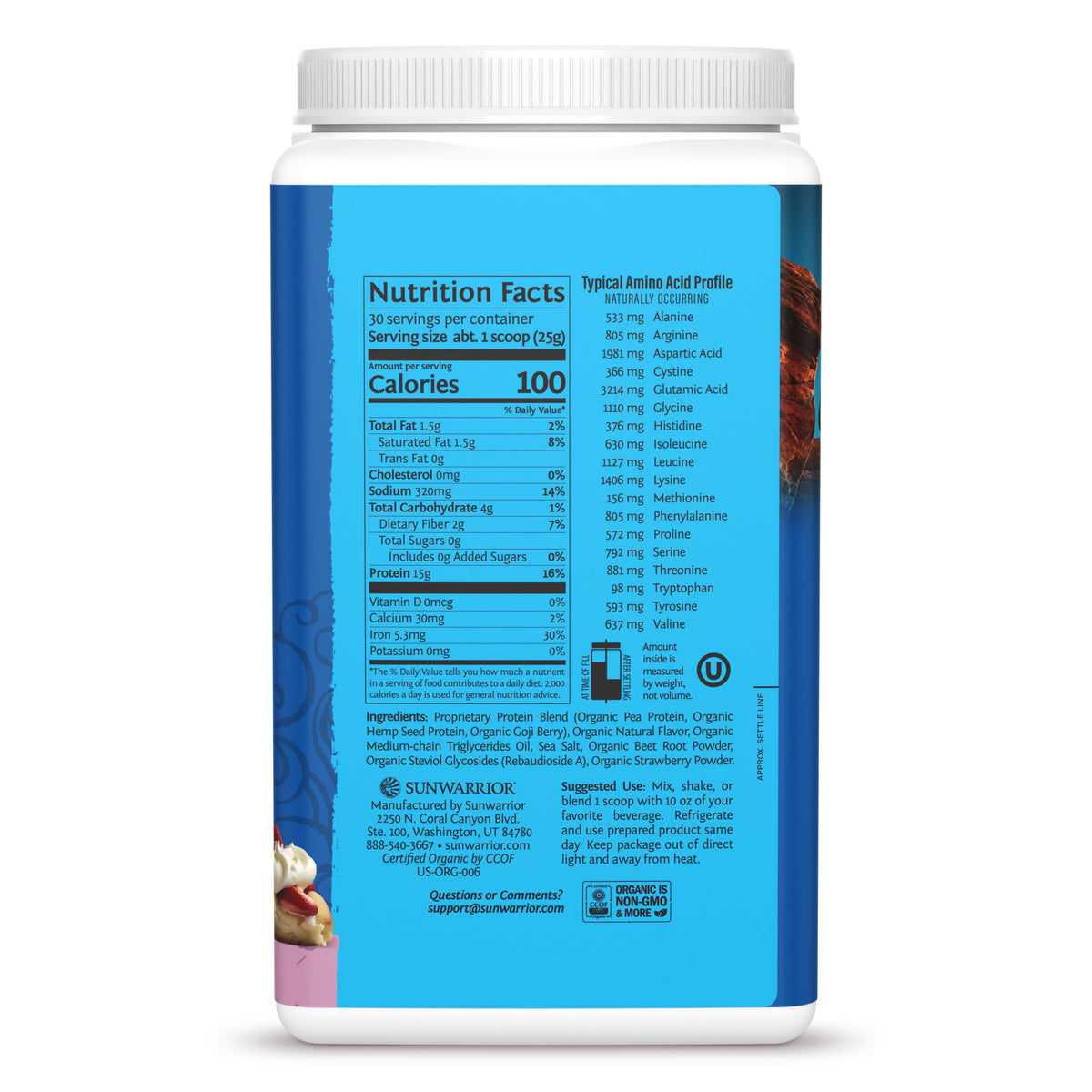Supplement facts and typical amino acid profile on blue label of plant-based protein powder container.
