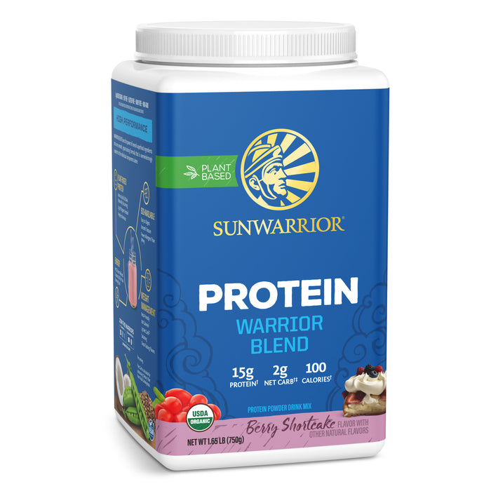 Sunwarrior plant-based protein powder with berry shortcake flavor and nutrition details on container