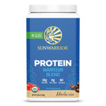 Container of Sunwarrior plant-based protein powder in mocha flavor with branding and nutritional info.