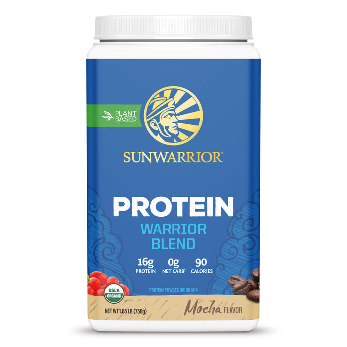 Container of Sunwarrior plant-based protein powder in mocha flavor with branding and nutritional info.
