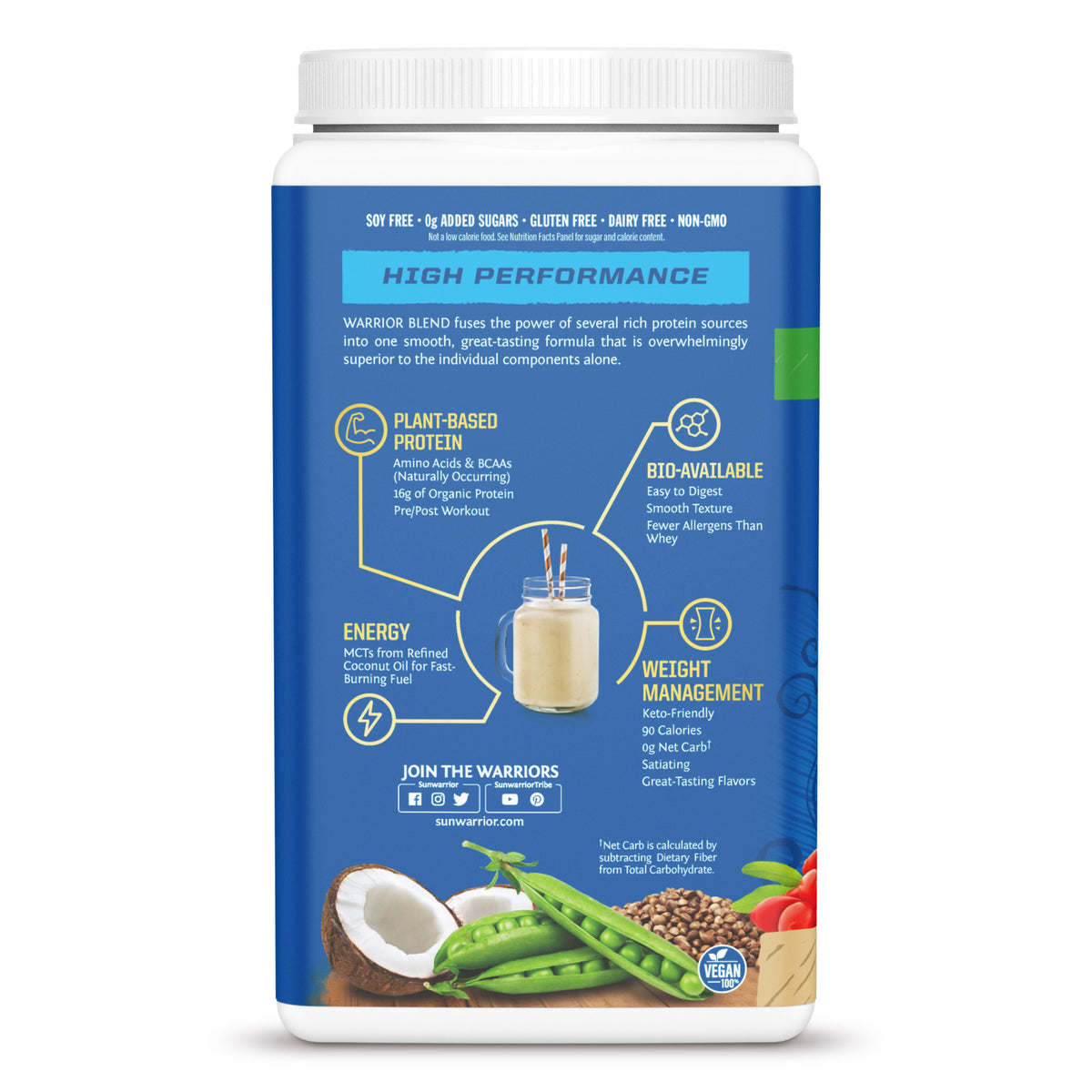 Back label of a plant-based protein powder container highlighting benefits like bio-availability and weight management.