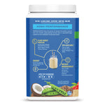 Back label of a plant-based protein powder container highlighting benefits like bio-availability and weight management.