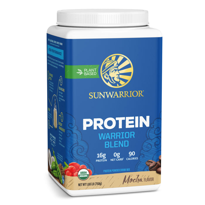 Blue container of Sunwarrior plant-based vegan protein powder in mocha flavor with nutrition highlights and logo visible
