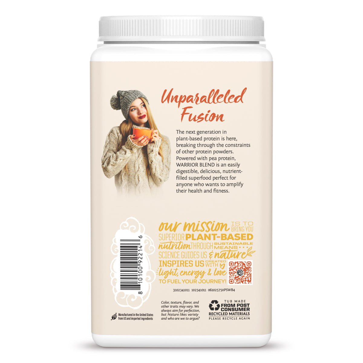 Back of a Sunwarrior protein powder container with product description and a woman holding a cup illustration