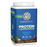 Container of Sunwarrior plant-based chocolate protein and greens powder with nutrition highlights visible