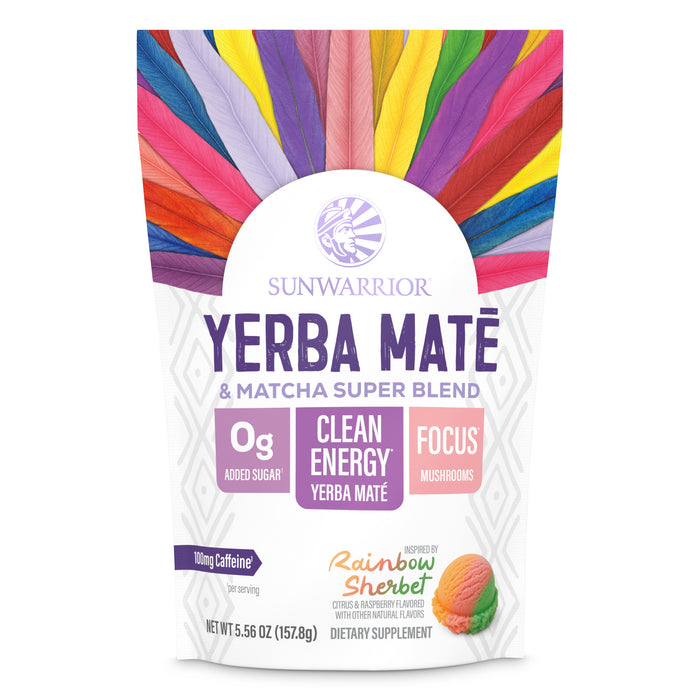 Sunwarrior Yerba Mate & Matcha super blend package with colorful design